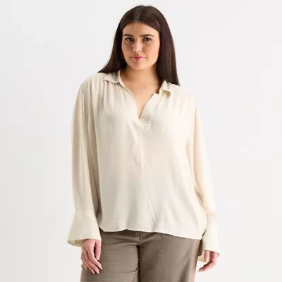 a.n.a Womens V Neck Long Sleeve Plus Blouse