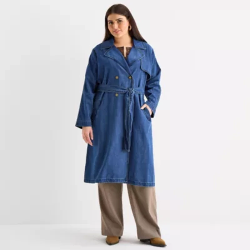 a.n.a Womens Denim Belted Midweight Plus Trench Coat