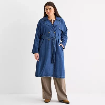 a.n.a Womens Denim Belted Midweight Plus Trench Coat