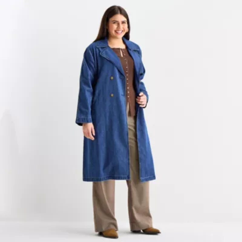a.n.a Womens Denim Belted Midweight Plus Trench Coat