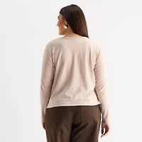 a.n.a Womens Plus Y Neck Long Sleeve T-Shirt