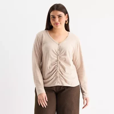 a.n.a Womens Plus Y Neck Long Sleeve T-Shirt