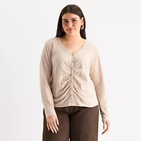 a.n.a Womens Plus Y Neck Long Sleeve T-Shirt