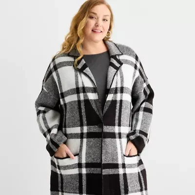 Liz Claiborne Coatigan Womens Long Sleeve Button Plus Plaid Cardigan