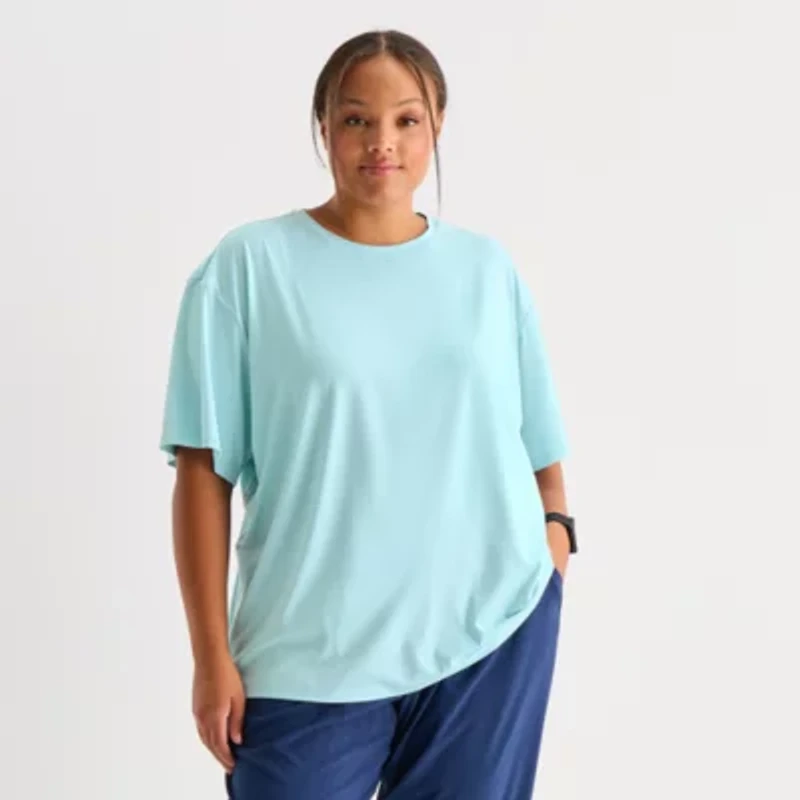 Xersion Everyday Womens Pleat Back Crew Neck Short Sleeve T-Shirt Plus
