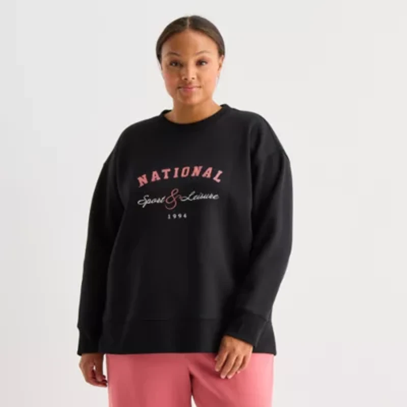 Xersion Womens Oversized Super Soft Fleece Graphic Crewneck Sweatshirt Plus