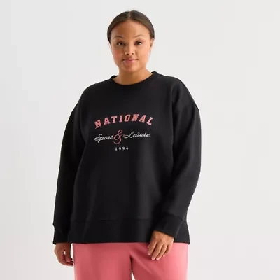 Xersion Womens Oversized Super Soft Fleece Graphic Crewneck Sweatshirt Plus