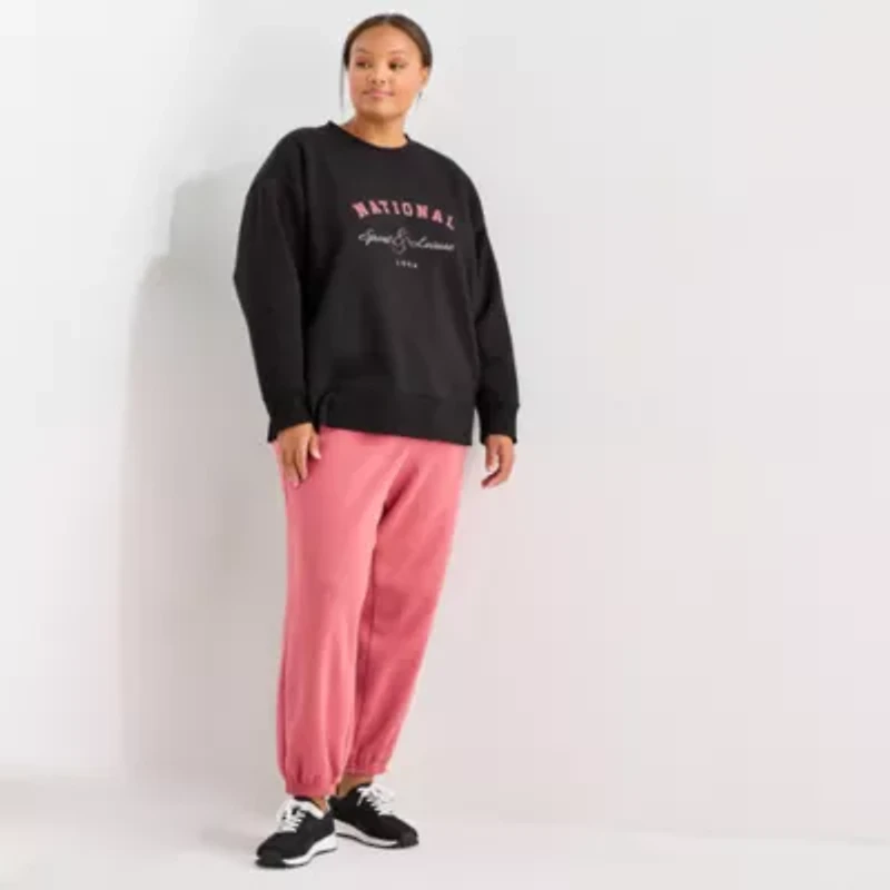 Xersion Womens Oversized Super Soft Fleece Graphic Crewneck Sweatshirt Plus