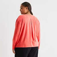 Xersion Womens Plus Everyday Pleated Back Crew Neck Long Sleeve Quick Dry Active T-Shirt