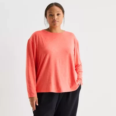 Xersion Womens Plus Everyday Pleated Back Crew Neck Long Sleeve Quick Dry Active T-Shirt