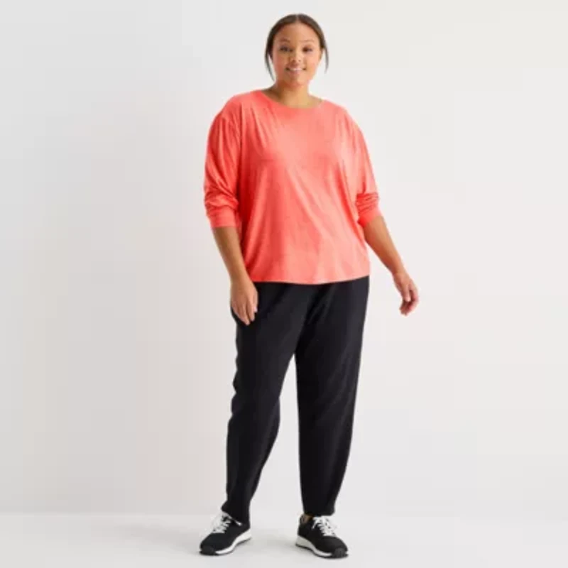 Xersion Womens Plus Everyday Pleated Back Crew Neck Long Sleeve Quick Dry Active T-Shirt