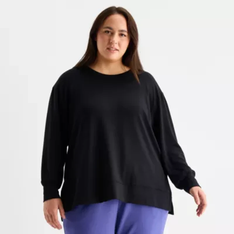 Xersion Womens Soft French Terry Crew Neck Long Sleeve Sweatshirt Plus