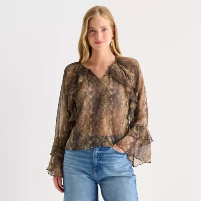 a.n.a Womens Y Neck Long Sleeve Tall Blouse