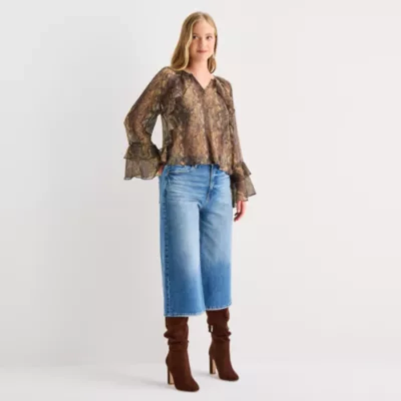 a.n.a Womens Y Neck Long Sleeve Tall Blouse