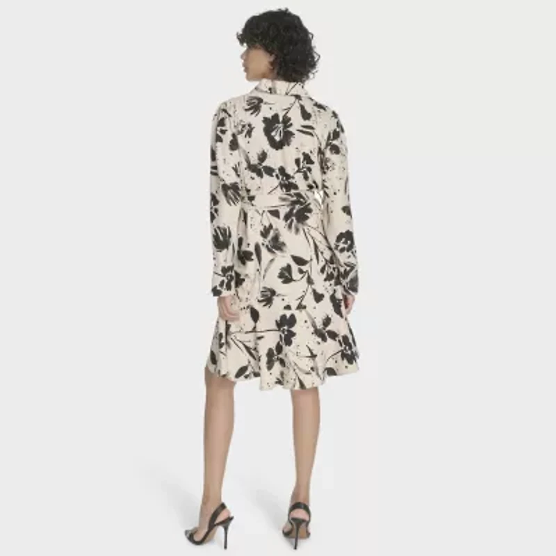 Marc New York Womens Belted Long Sleeve Floral Shirt Dress