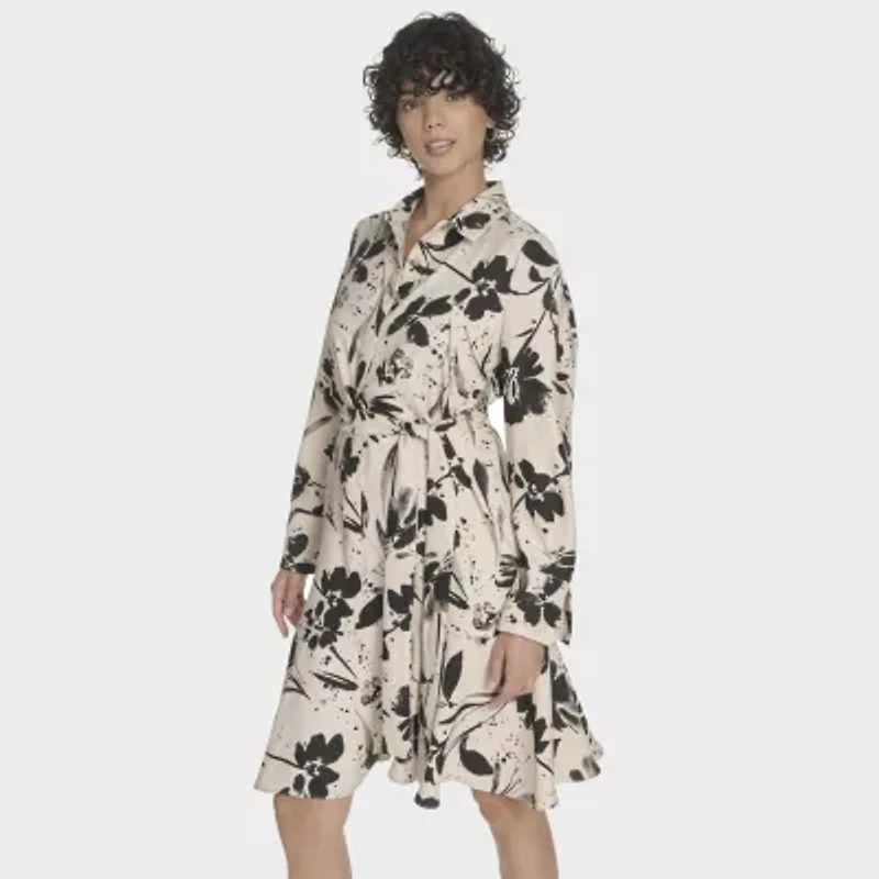 Marc New York Womens Belted Long Sleeve Floral Shirt Dress