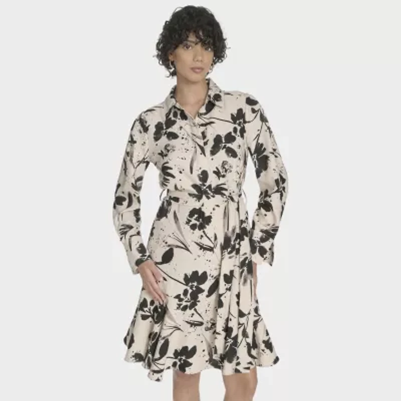 Marc New York Womens Belted Long Sleeve Floral Shirt Dress