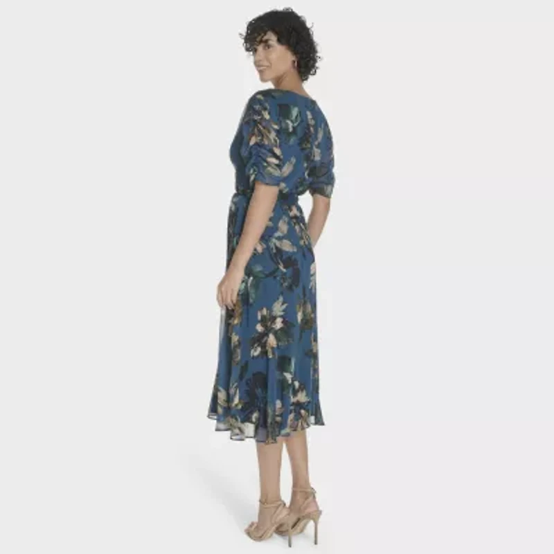 Marc New York Womens Elbow Sleeve Floral Midi Fit + Flare Dress