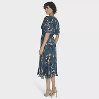 Marc New York Womens Elbow Sleeve Floral Midi Fit + Flare Dress