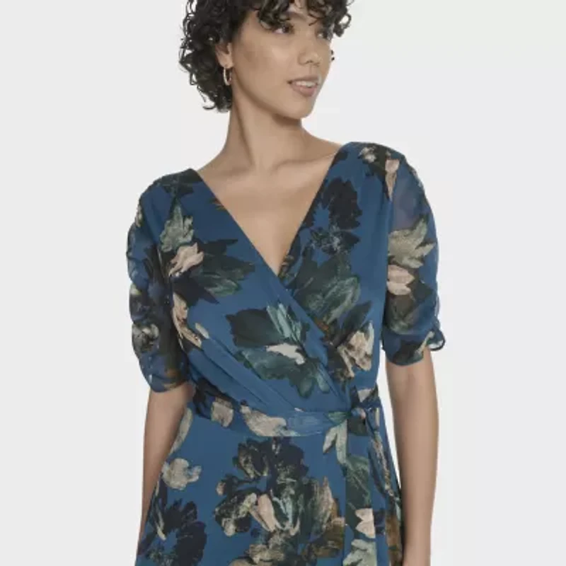 Marc New York Womens Elbow Sleeve Floral Midi Fit + Flare Dress