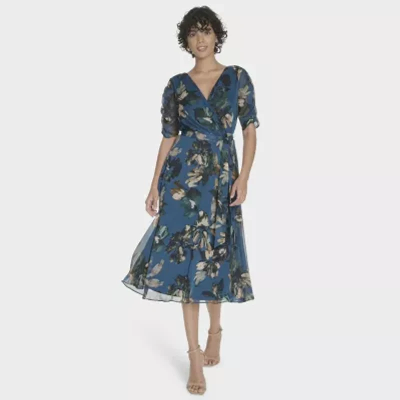 Marc New York Womens Elbow Sleeve Floral Midi Fit + Flare Dress