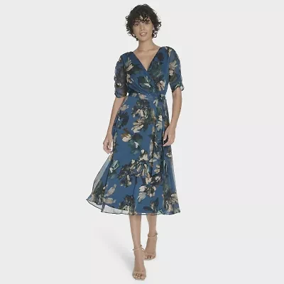 Marc New York Womens Elbow Sleeve Floral Midi Fit + Flare Dress