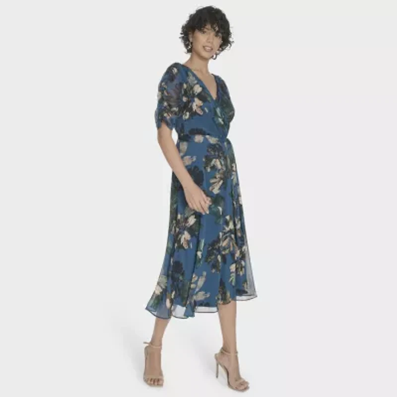 Marc New York Womens Elbow Sleeve Floral Midi Fit + Flare Dress