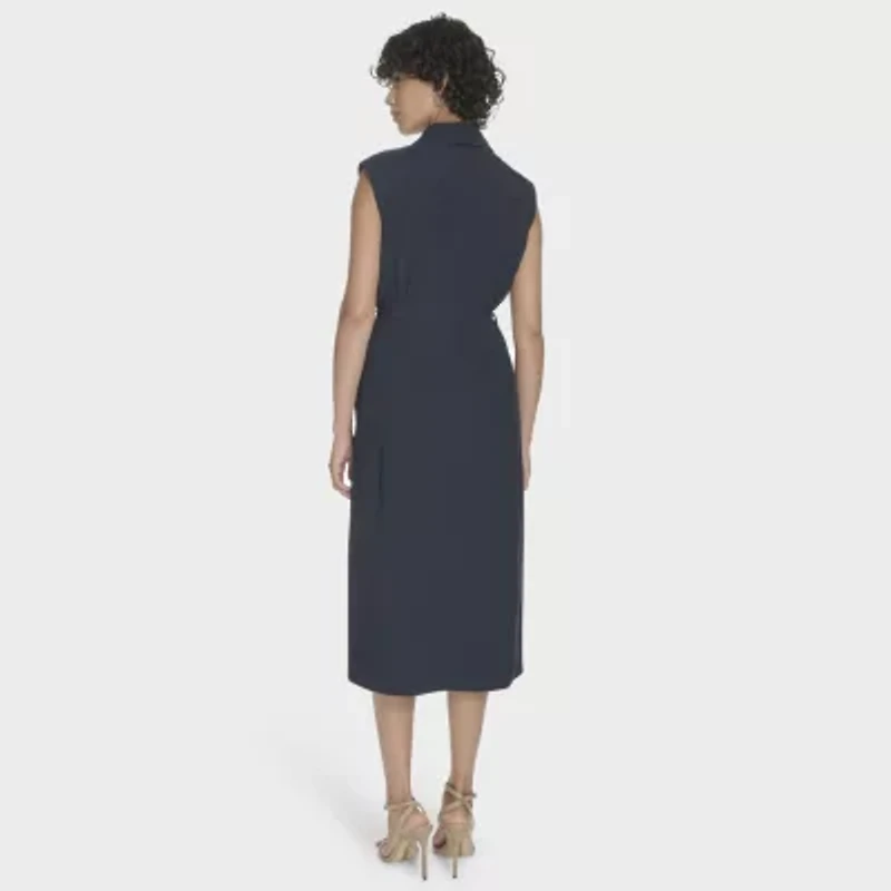 Marc New York Womens Belted Sleeveless Midi Shirt Dress