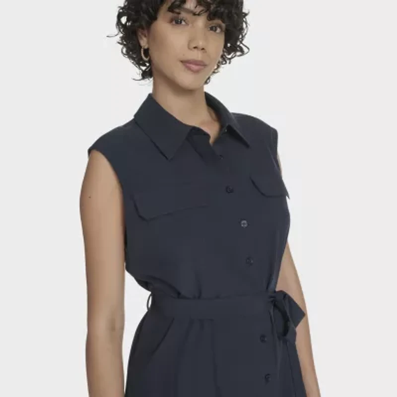 Marc New York Womens Belted Sleeveless Midi Shirt Dress