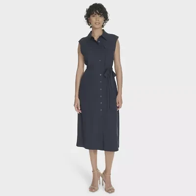 Marc New York Womens Belted Sleeveless Midi Shirt Dress
