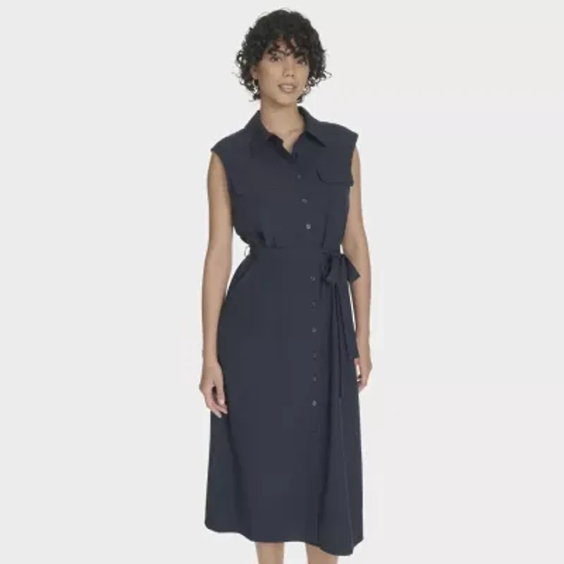 Marc New York Womens Belted Sleeveless Midi Shirt Dress