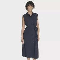 Marc New York Womens Belted Sleeveless Midi Shirt Dress