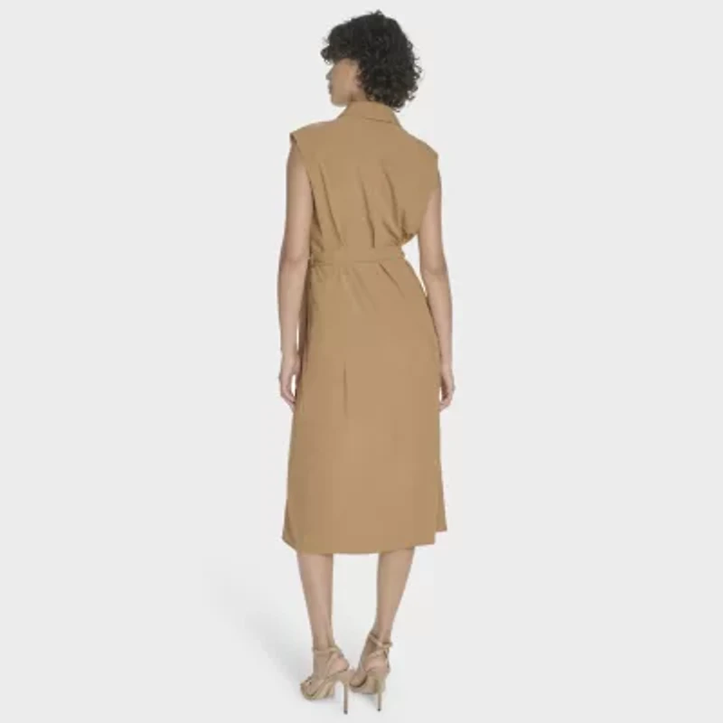 Marc New York Womens Belted Sleeveless Midi Shirt Dress