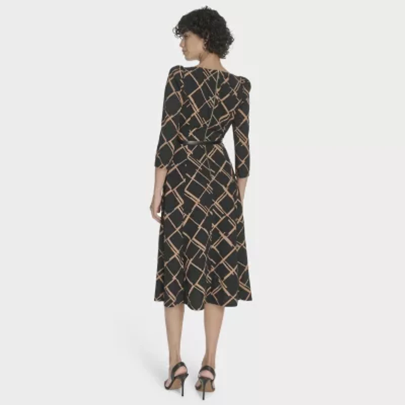 Marc New York Womens 3/4 Sleeve Abstract Midi Fit + Flare Dress
