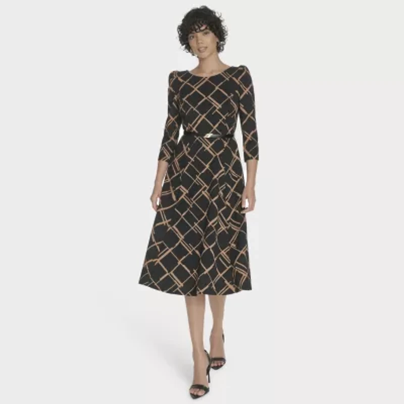 Marc New York Womens 3/4 Sleeve Abstract Midi Fit + Flare Dress