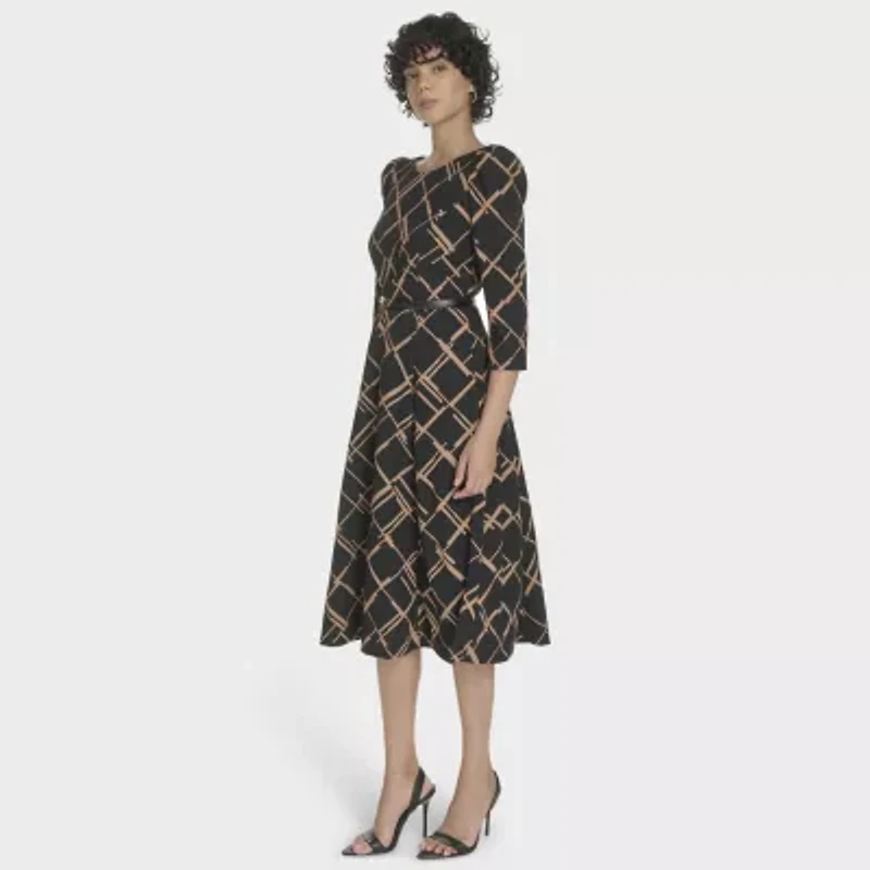 Marc New York Womens 3/4 Sleeve Abstract Midi Fit + Flare Dress