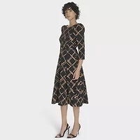 Marc New York Womens 3/4 Sleeve Abstract Midi Fit + Flare Dress