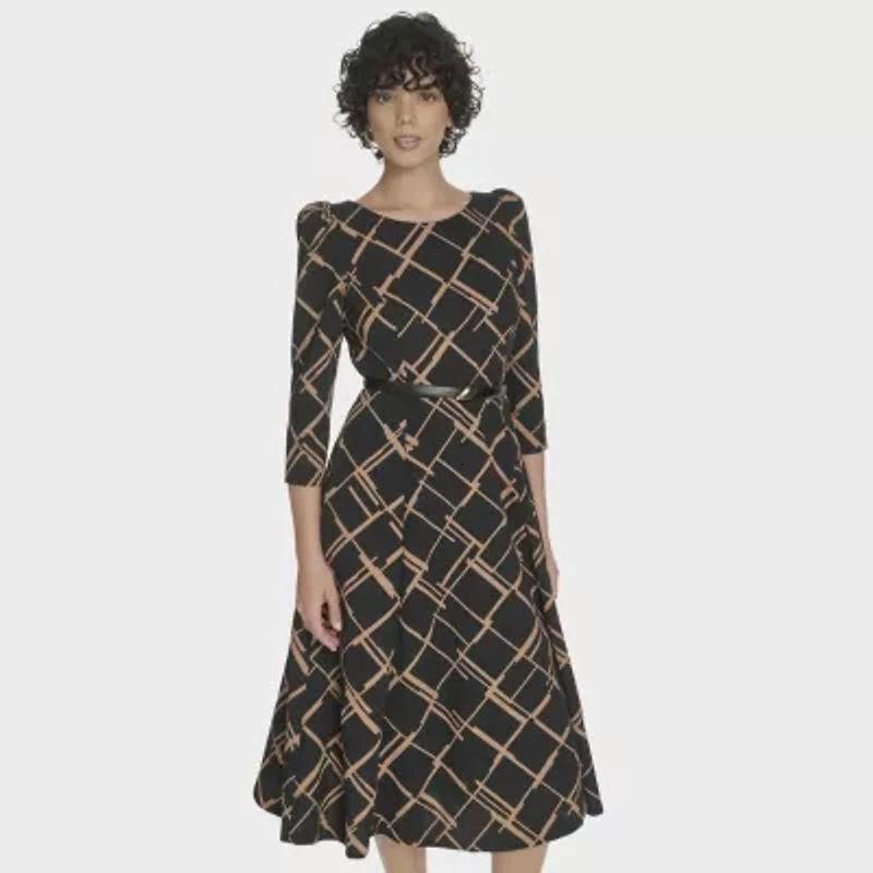Marc New York Womens 3/4 Sleeve Abstract Midi Fit + Flare Dress