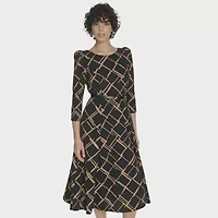 Marc New York Womens 3/4 Sleeve Abstract Midi Fit + Flare Dress
