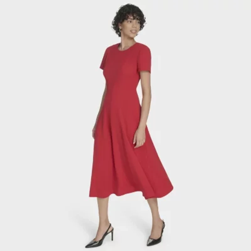 Marc New York Womens Short Sleeve Midi Fit + Flare Dress