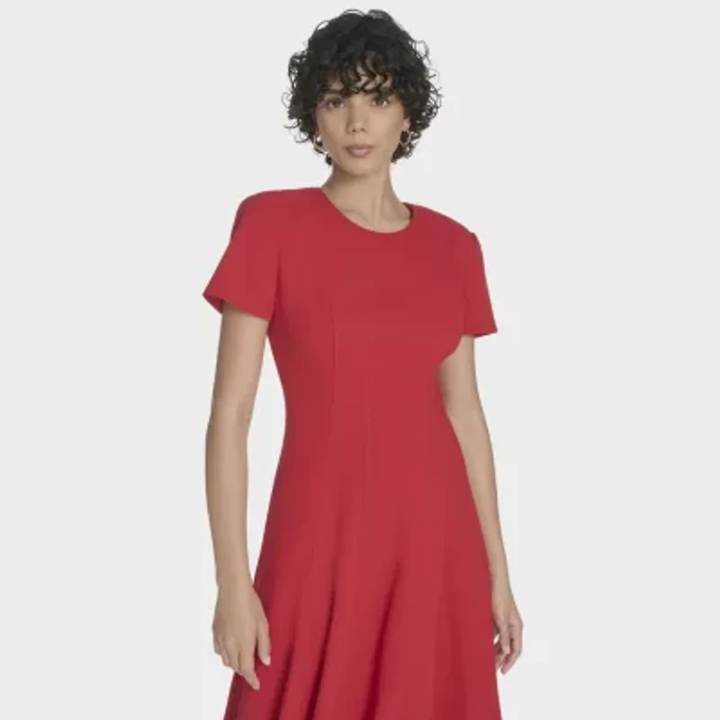 Marc New York Womens Short Sleeve Midi Fit + Flare Dress
