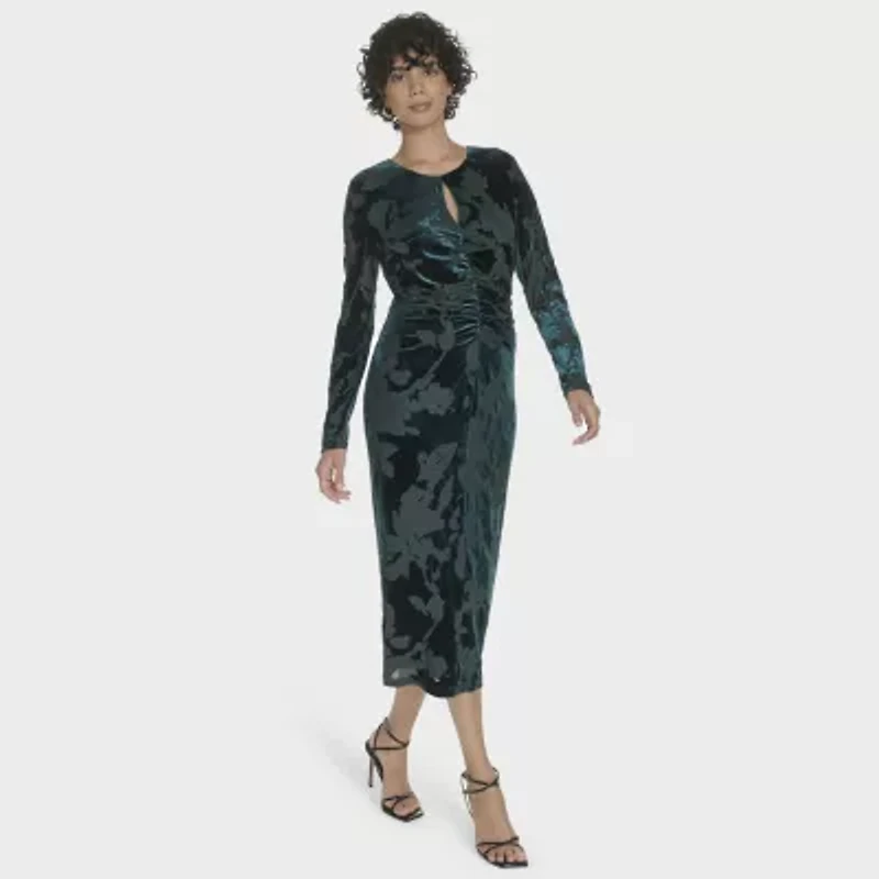 Marc New York Velvet Womens Long Sleeve Floral Sheath Dress