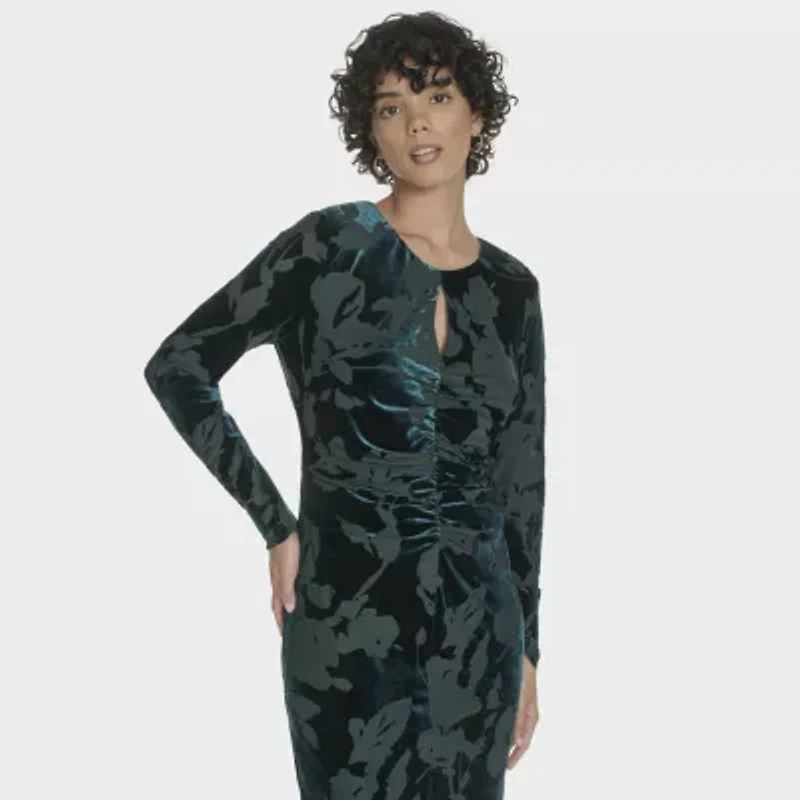 Marc New York Velvet Womens Long Sleeve Floral Sheath Dress