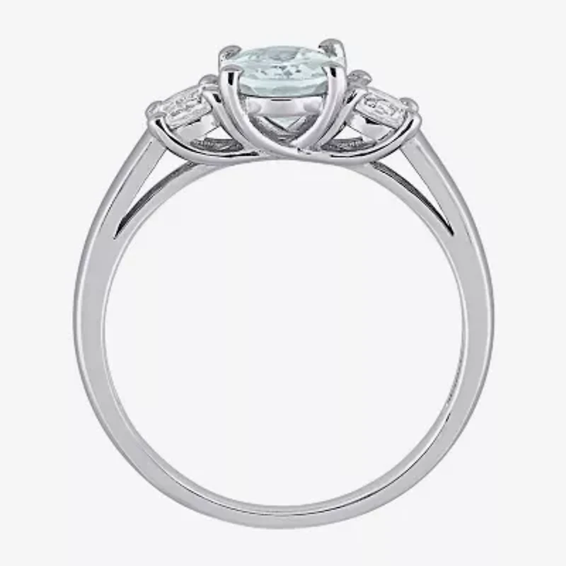 Modern Bride Gemstone Womens Genuine Blue Aquamarine Sterling Silver Oval 3-Stone Engagement Ring