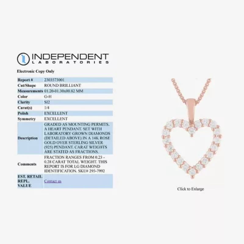 (G-H / Si1-Si2) Womens 1/4 CT. T.W. Lab Grown White Diamond 14K Rose Gold Over Silver Heart 18 Inch Pendant Necklace
