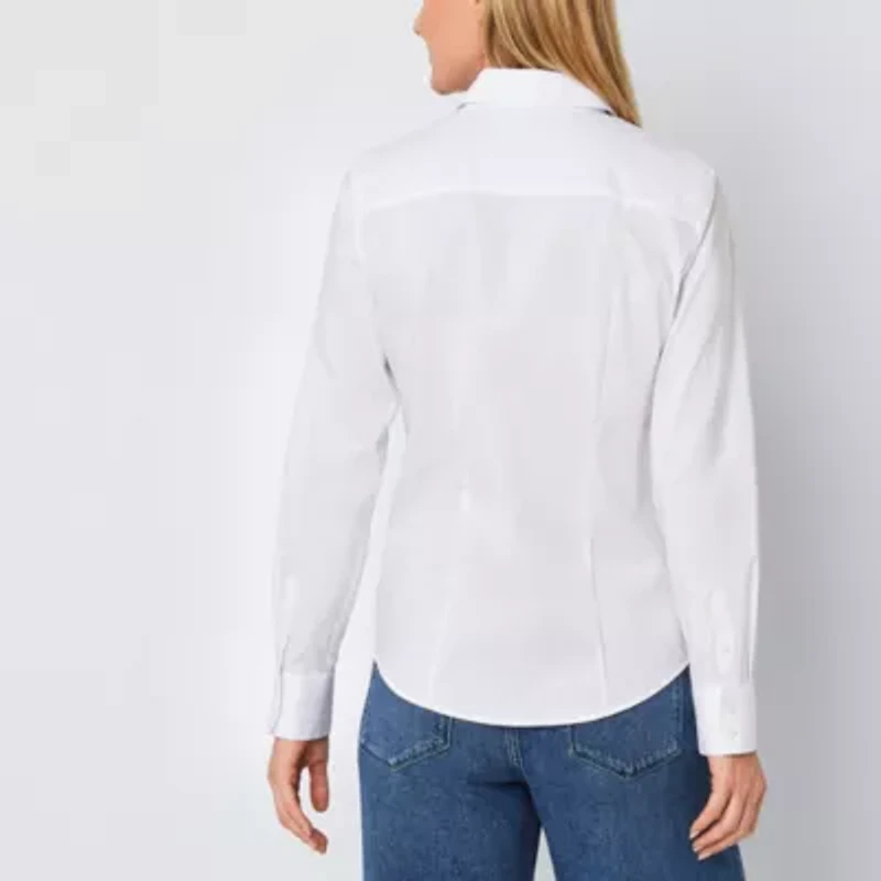 Liz Claiborne Womens Tall Cuffed Long Sleeve Regular Fit Wrinkle Free Button-Down Shirt