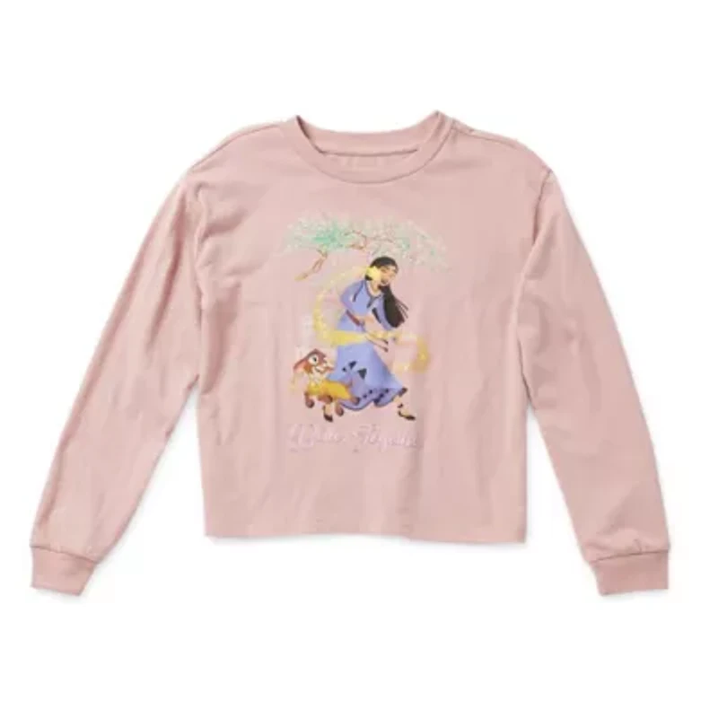 Disney Collection Little & Big Kid Girls Crew Neck Long Sleeve Regular Fit Wish Graphic T-Shirt
