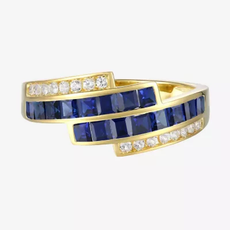 Womens Lab Created Blue Sapphire 14K Gold Over Silver Side Stone Bypass  Cocktail Ring