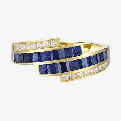 Womens Lab Created Blue Sapphire 14K Gold Over Silver Side Stone Bypass  Cocktail Ring