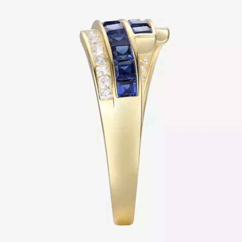 Womens Lab Created Blue Sapphire 14K Gold Over Silver Side Stone Bypass  Cocktail Ring